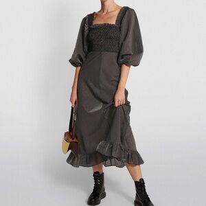 GANNI Shirred gingham seersucker midi dress